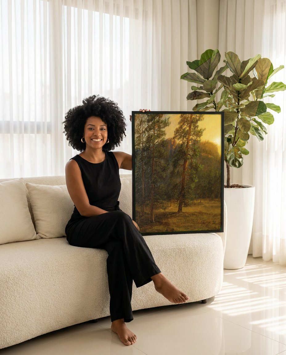 Quadro Decorativo Pôr do Sol na Floresta - Albert Bierstadt com modelo em ambiente