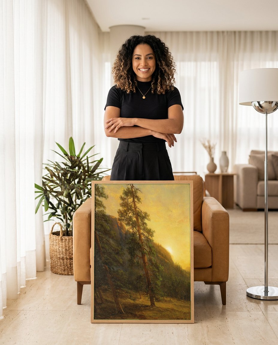 Quadro Decorativo Pôr do Sol na Floresta - Albert Bierstadt com modelo em ambiente