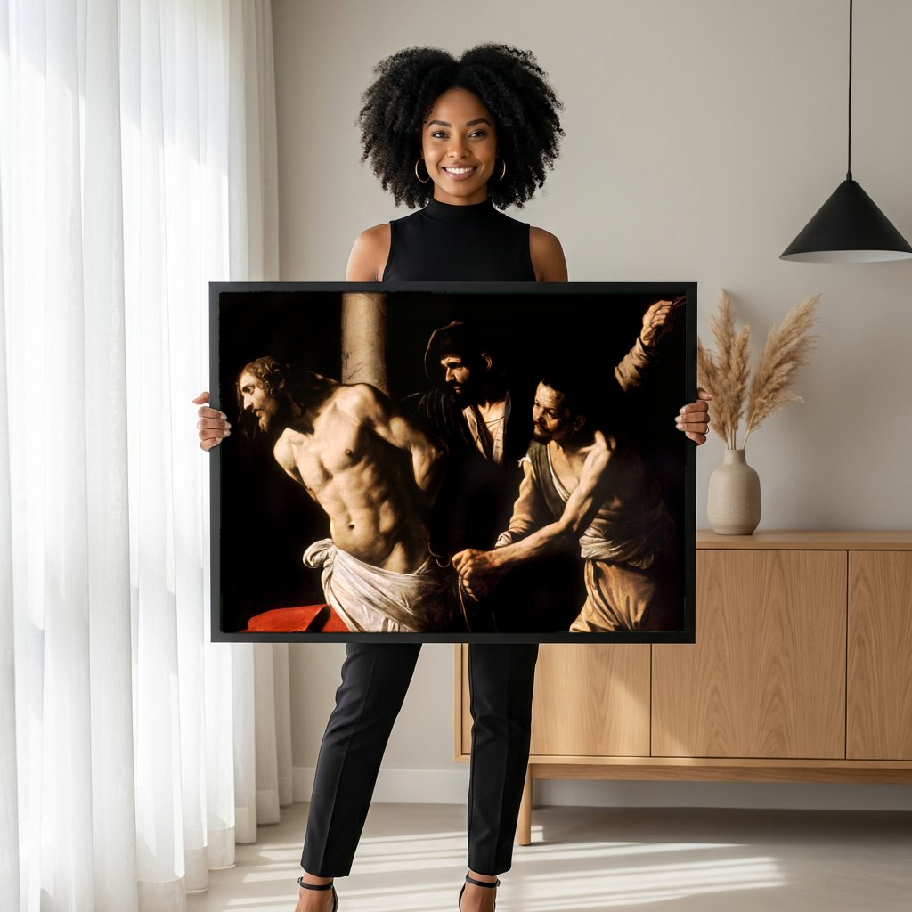 Quadro Decorativo A Flagelação de Cristo - Caravaggio com modelo em ambiente