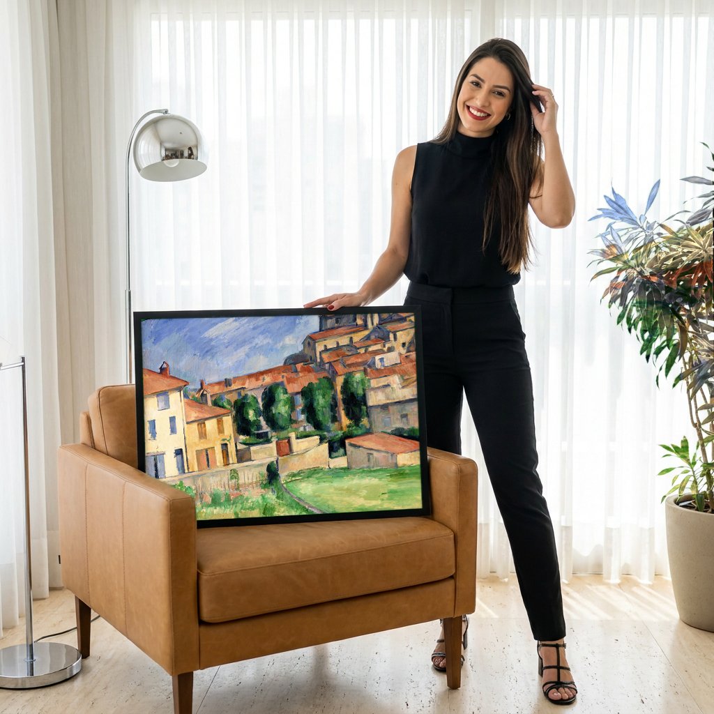 Quadro Decorativo A Cidade de Auvers-sur-Oise - Cézanne com modelo em ambiente