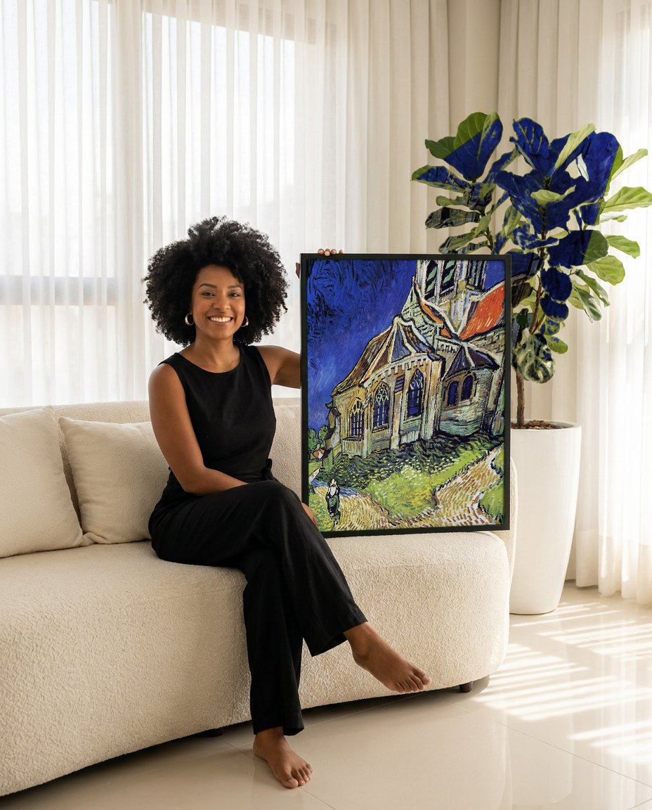 Quadro Decorativo A Igreja de Auvers-sur-Oise - Van Gogh com modelo em ambiente