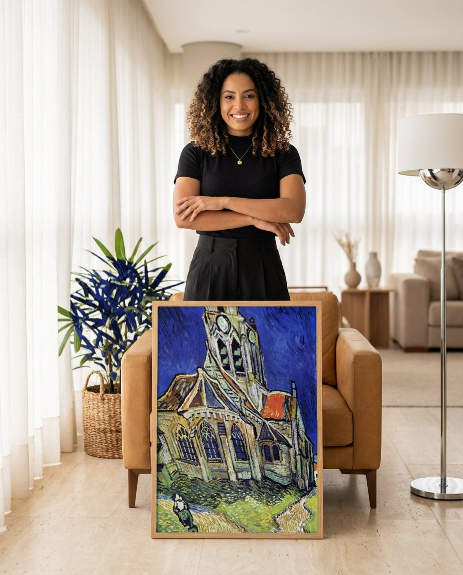 Quadro Decorativo A Igreja de Auvers-sur-Oise - Van Gogh com modelo em ambiente