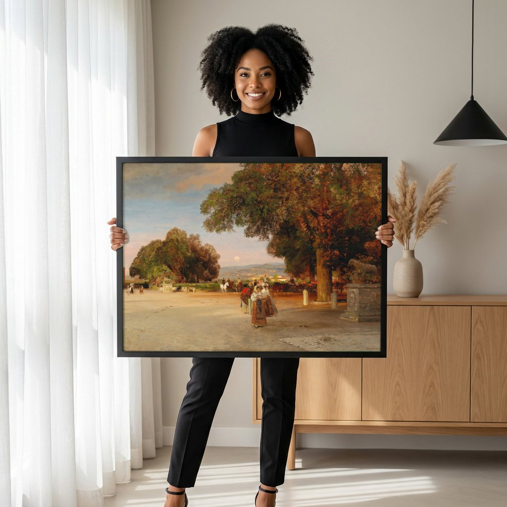 Quadro Decorativo Crepúsculo Romano - Oswald Achenbach com modelo em ambiente