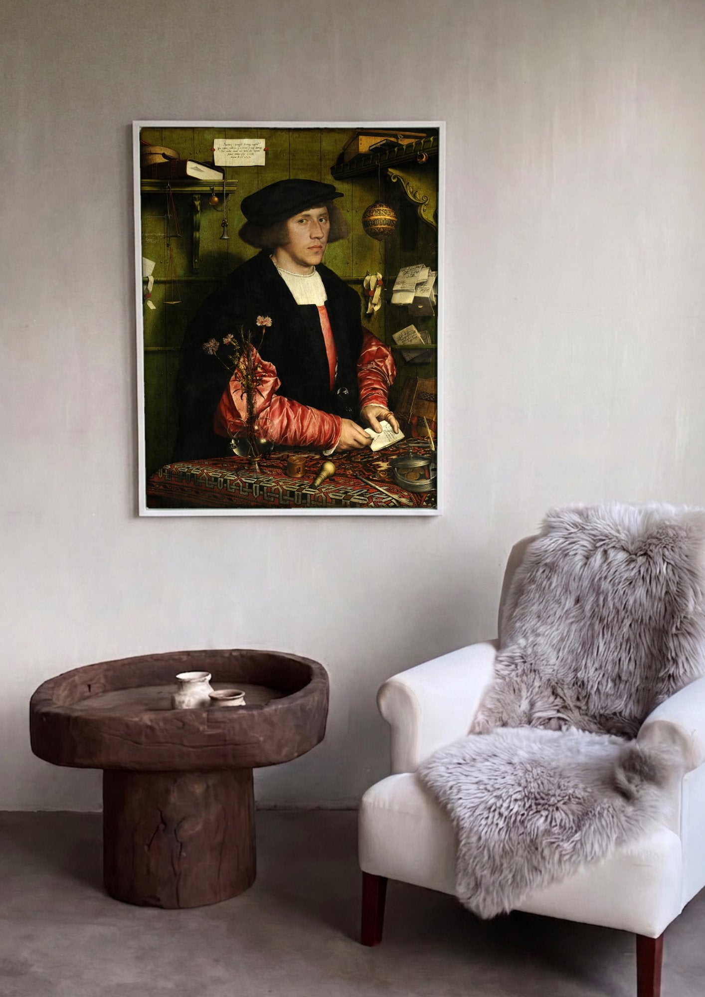 Quadro Decorativo O Mercador Georg Gisze - Hans Holbein, o Jovem em ambiente decorado