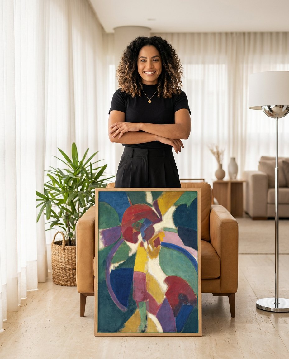 Quadro Decorativo Formas e Cores Vibrantes - Delaunay | modelo apresentando o quadro emoldurado