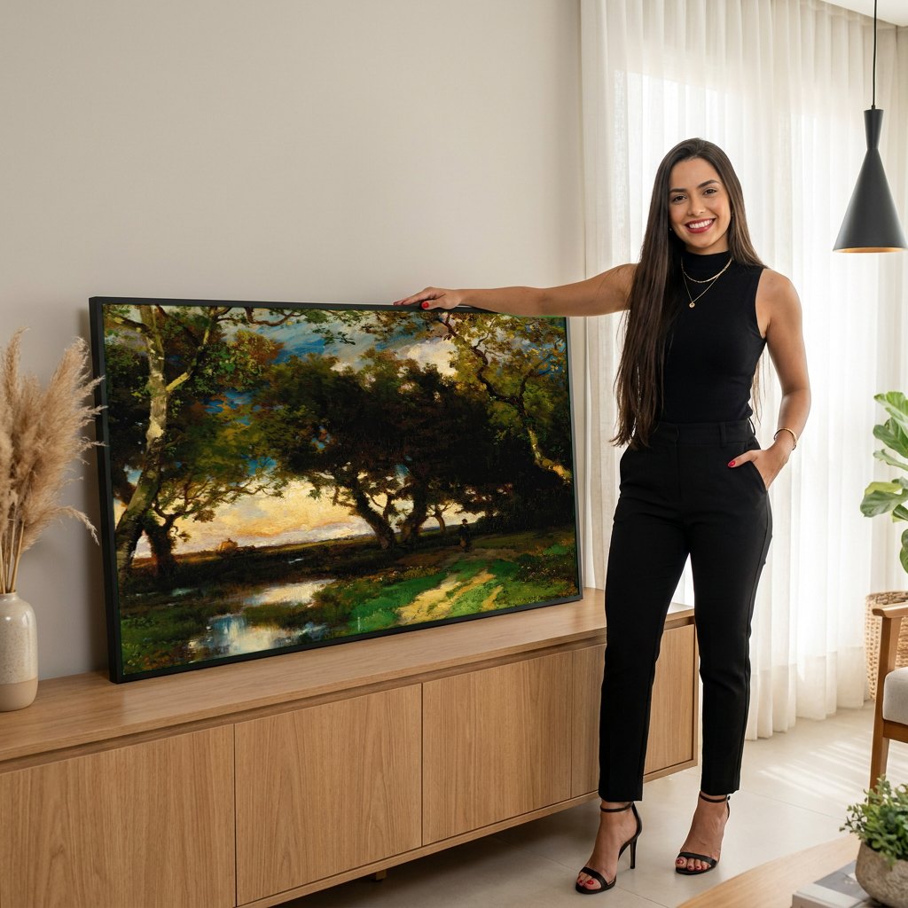 Quadro Decorativo Paisagem com Pântano - Thomas Moran | modelo apresentando o quadro emoldurado