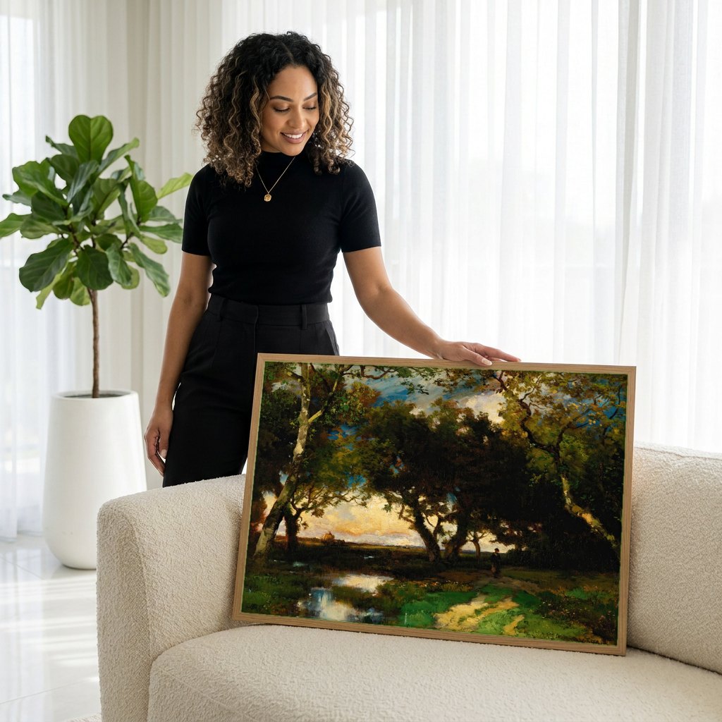Quadro Decorativo Paisagem com Pântano - Thomas Moran | modelo apresentando o quadro emoldurado