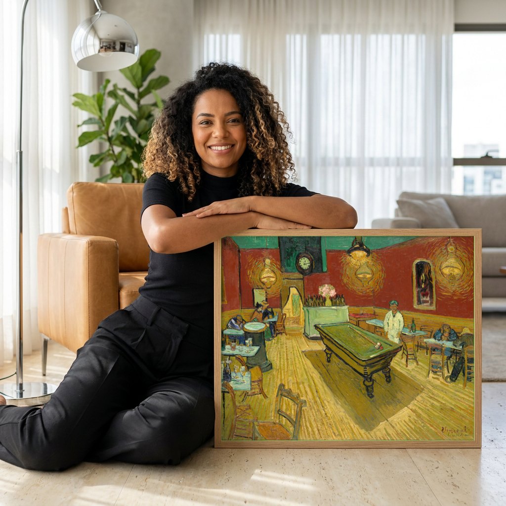 Quadro Decorativo O Café Noturno - Vincent van Gogh | modelo apresentando o quadro emoldurado