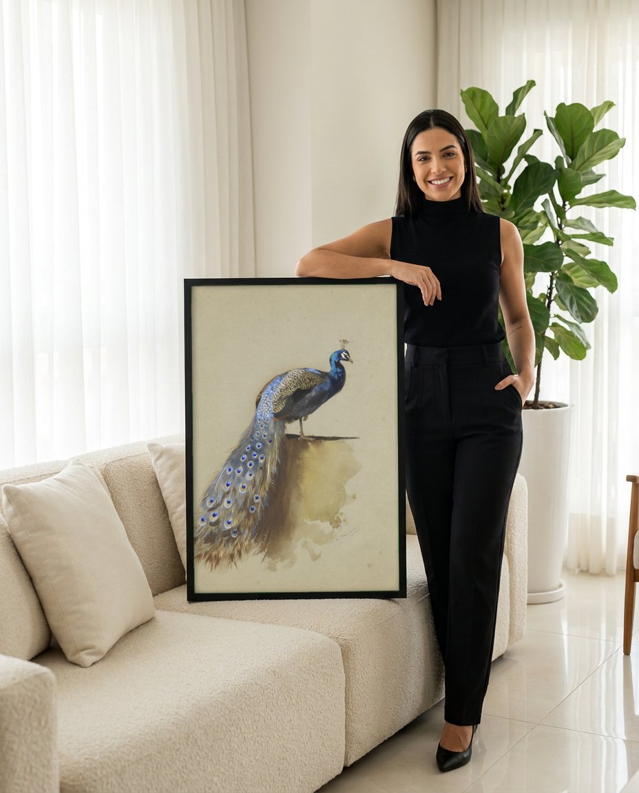 Quadro Decorativo Pavão Real - Archibald Thorburn | modelo apresentando o quadro emoldurado