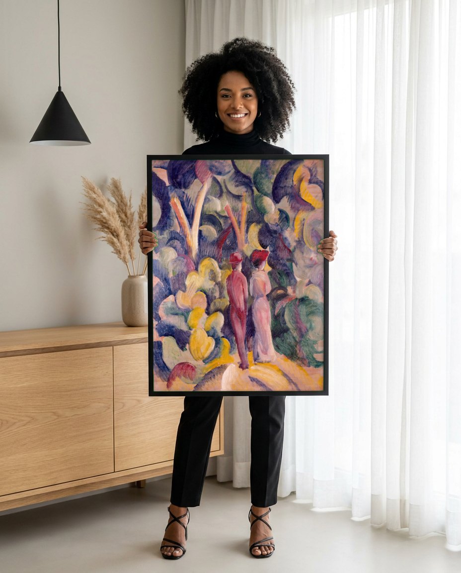 Quadro Decorativo Casal no Jardim - August Macke | modelo apresentando o quadro emoldurado