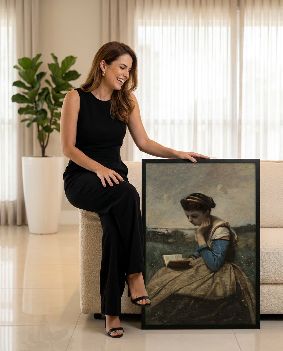 Quadro Decorativo A Leitora - Corot | modelo apresentando o quadro emoldurado
