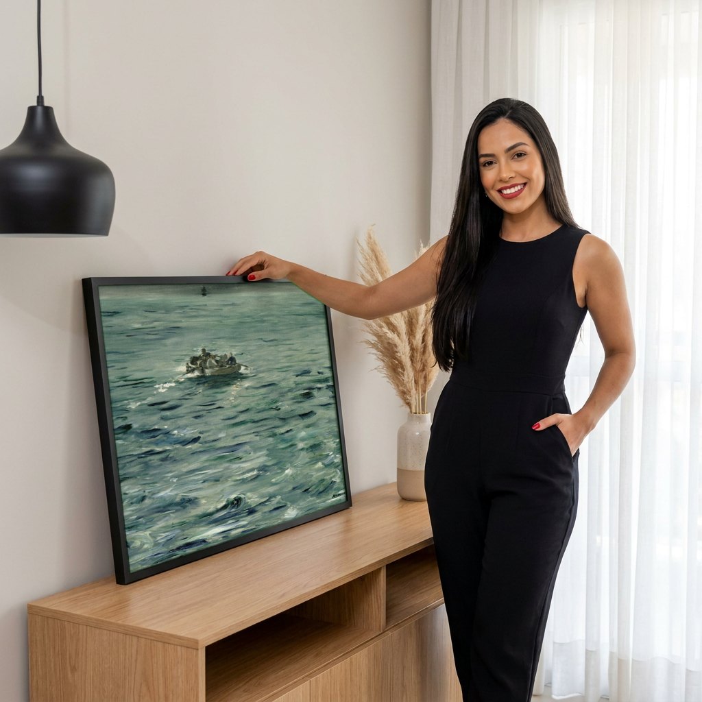 Quadro Decorativo A Barca - Édouard Manet | modelo apresentando o quadro emoldurado