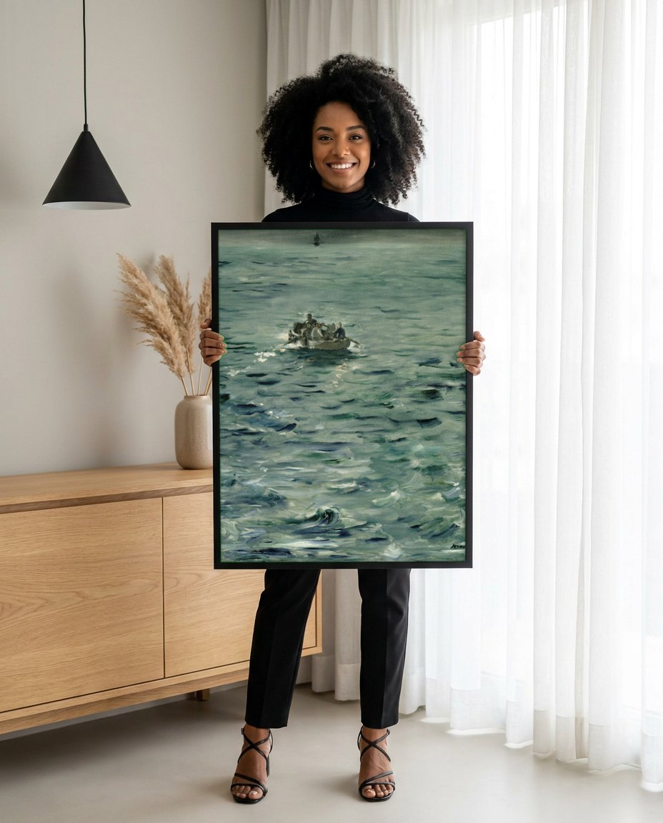 Quadro Decorativo A Barca - Édouard Manet | modelo apresentando o quadro emoldurado