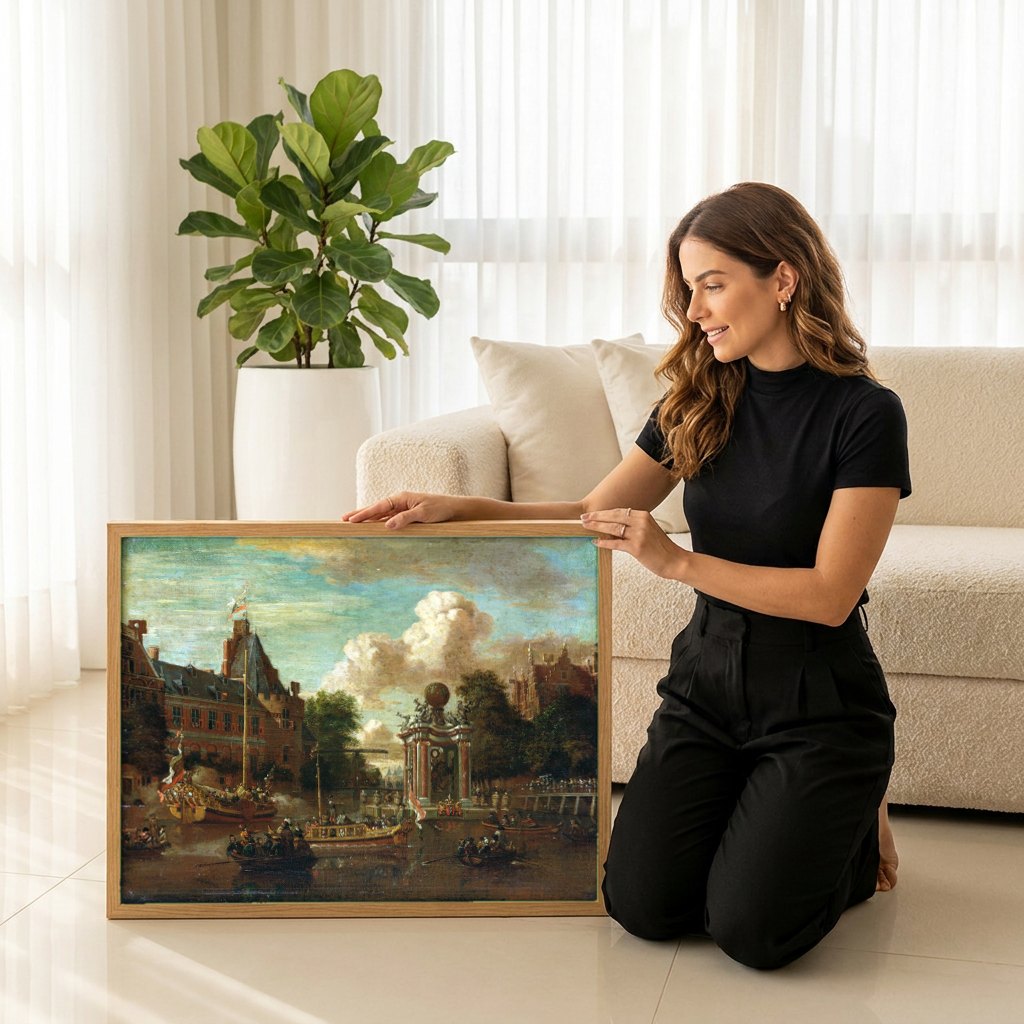 Quadro Decorativo Celebração no Canal - Storck | modelo apresentando o quadro emoldurado