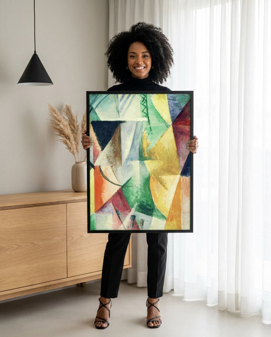 Quadro Decorativo A Torre Eiffel - Robert Delaunay | modelo apresentando o quadro emoldurado