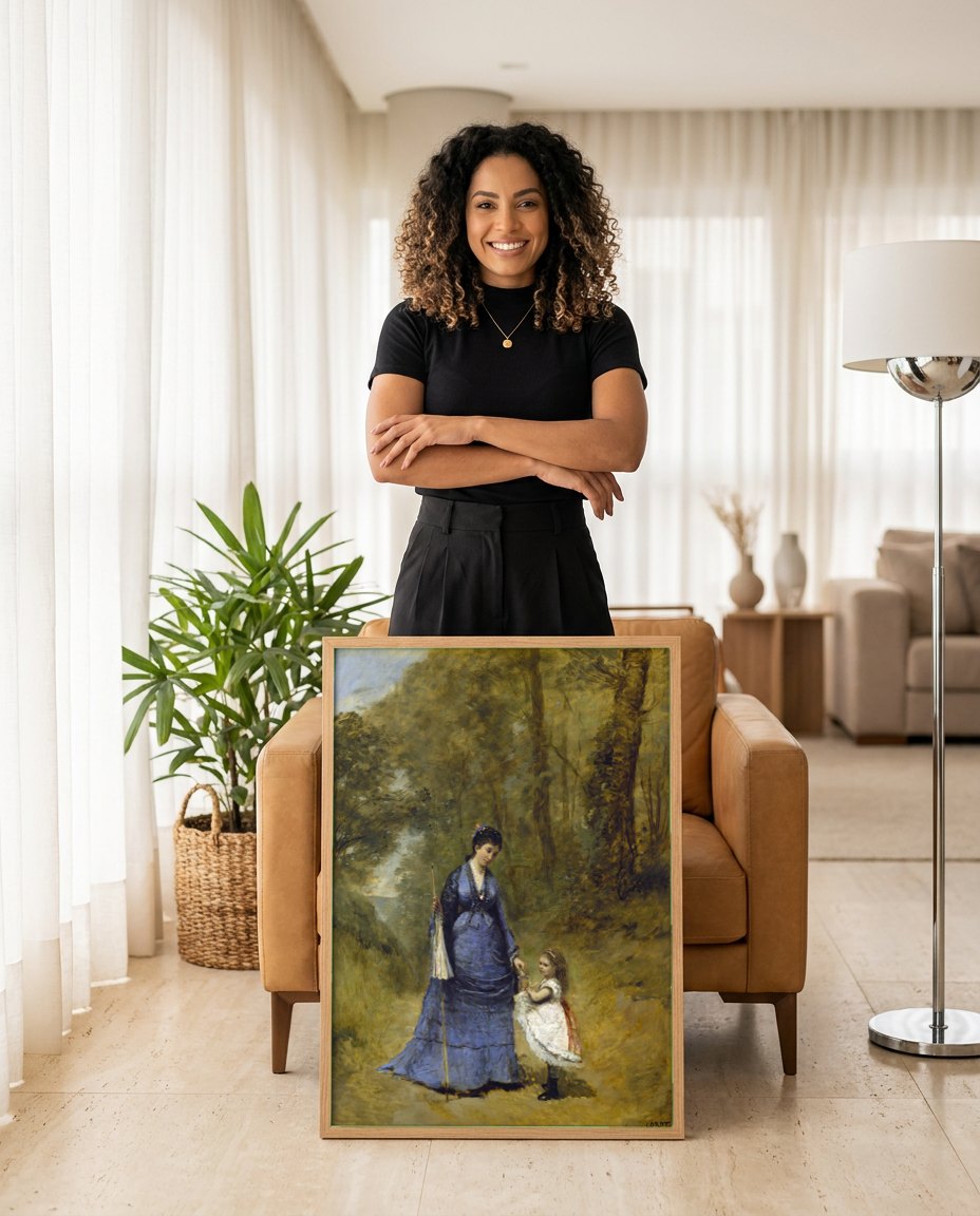 Quadro Decorativo Mãe e Filha na Floresta - Corot | modelo apresentando o quadro emoldurado
