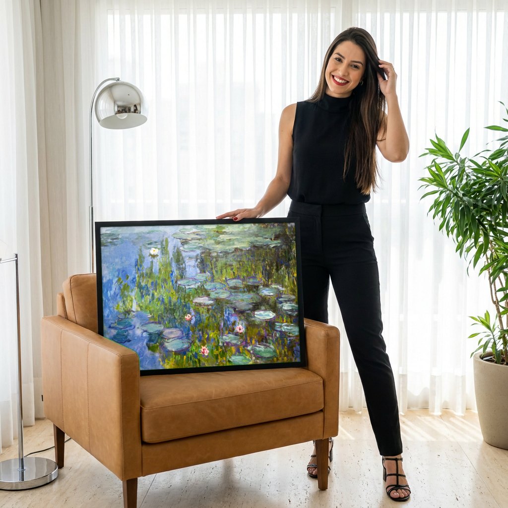 Quadro Decorativo Ninféias - Claude Monet | modelo apresentando o quadro emoldurado
