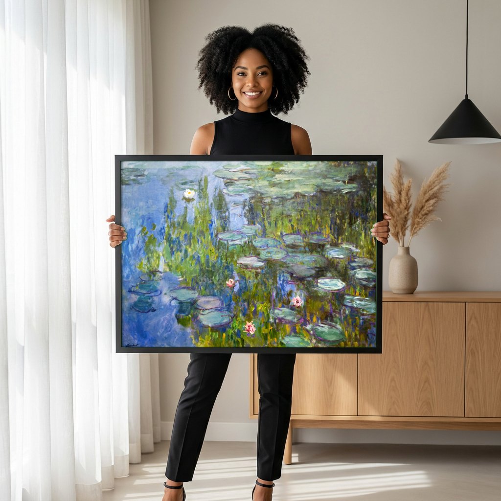 Quadro Decorativo Ninféias - Claude Monet | modelo apresentando o quadro emoldurado