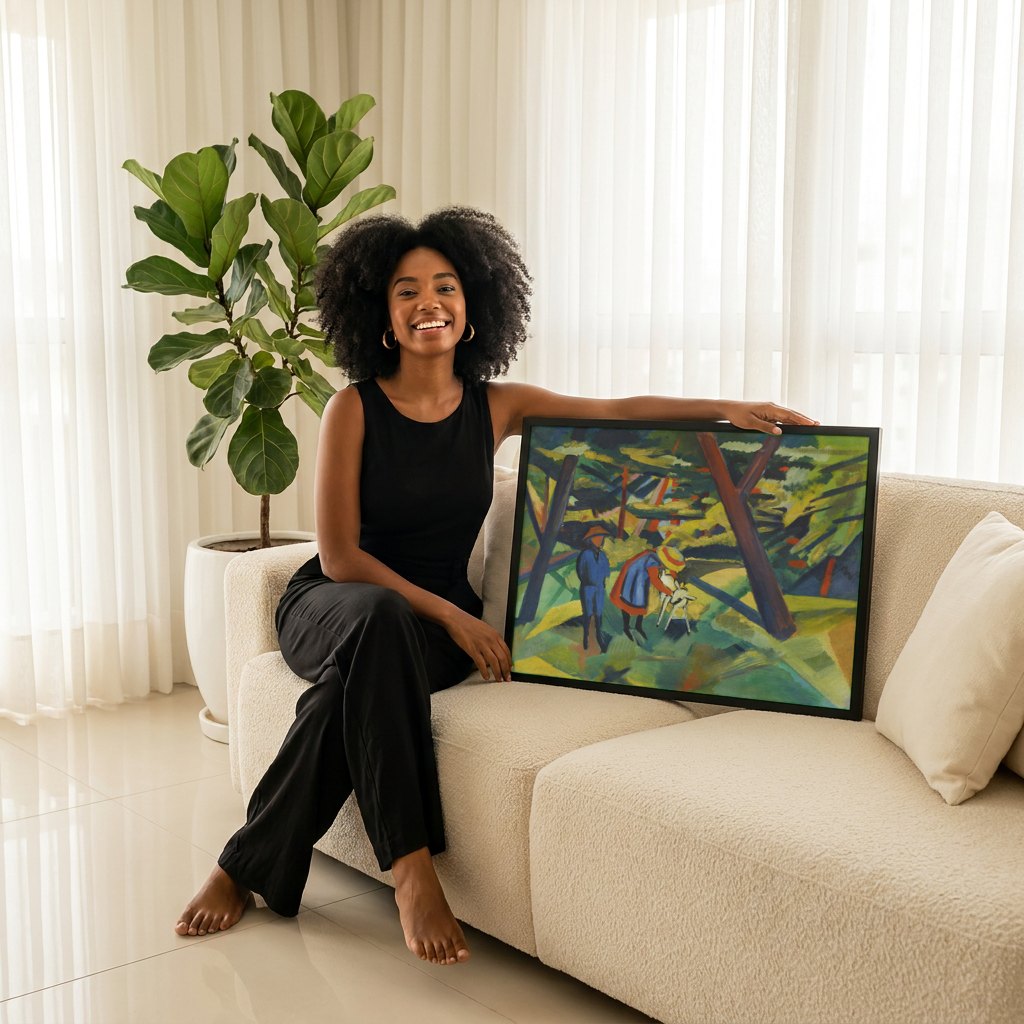 Quadro Decorativo Crianças e Bode - August Macke | modelo apresentando o quadro emoldurado