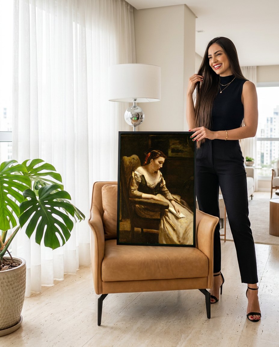 Quadro Decorativo A Leitora - Corot | modelo apresentando o quadro emoldurado