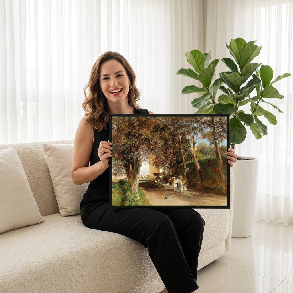 Quadro Decorativo Jardins Sombrios na Itália - Oswald Achenbach | modelo apresentando o quadro emoldurado