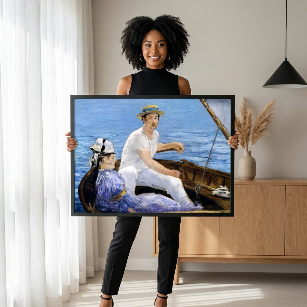 Quadro Decorativo 'O Barco' - Edouard Manet | modelo apresentando o quadro emoldurado