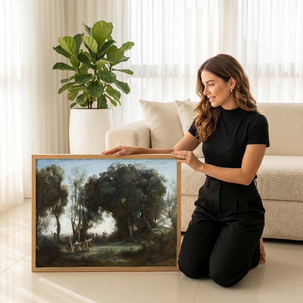 Quadro Decorativo Ninfas e Sátiros - Corot | modelo apresentando o quadro emoldurado