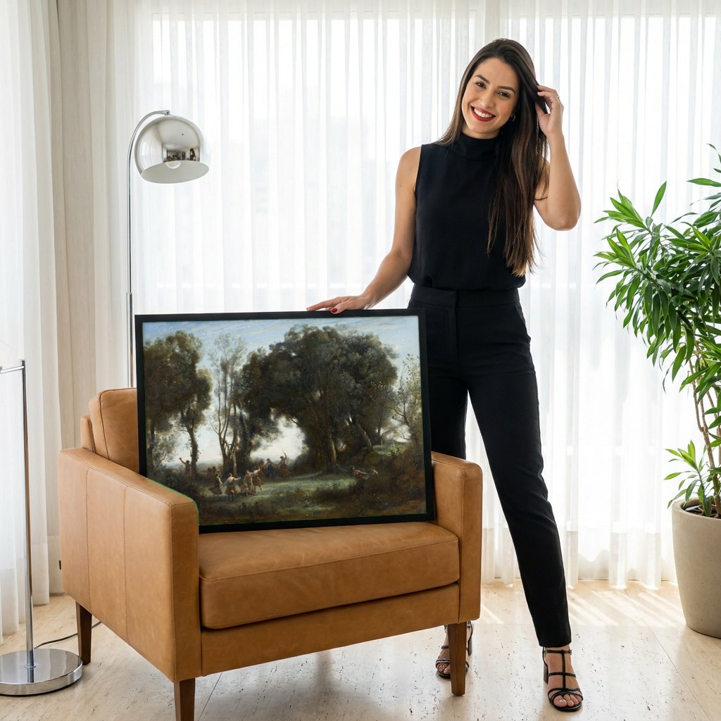 Quadro Decorativo Ninfas e Sátiros - Corot | modelo apresentando o quadro emoldurado