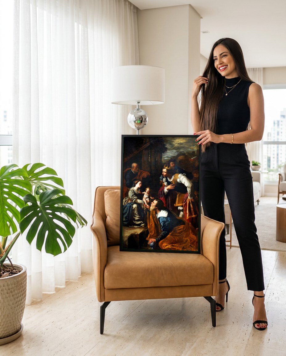 Quadro Decorativo Adoração dos Magos - Artemisia Gentileschi | modelo apresentando o quadro emoldurado