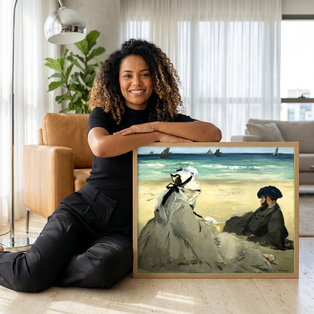 Quadro Decorativo Na Praia - Edouard Manet | modelo apresentando o quadro emoldurado