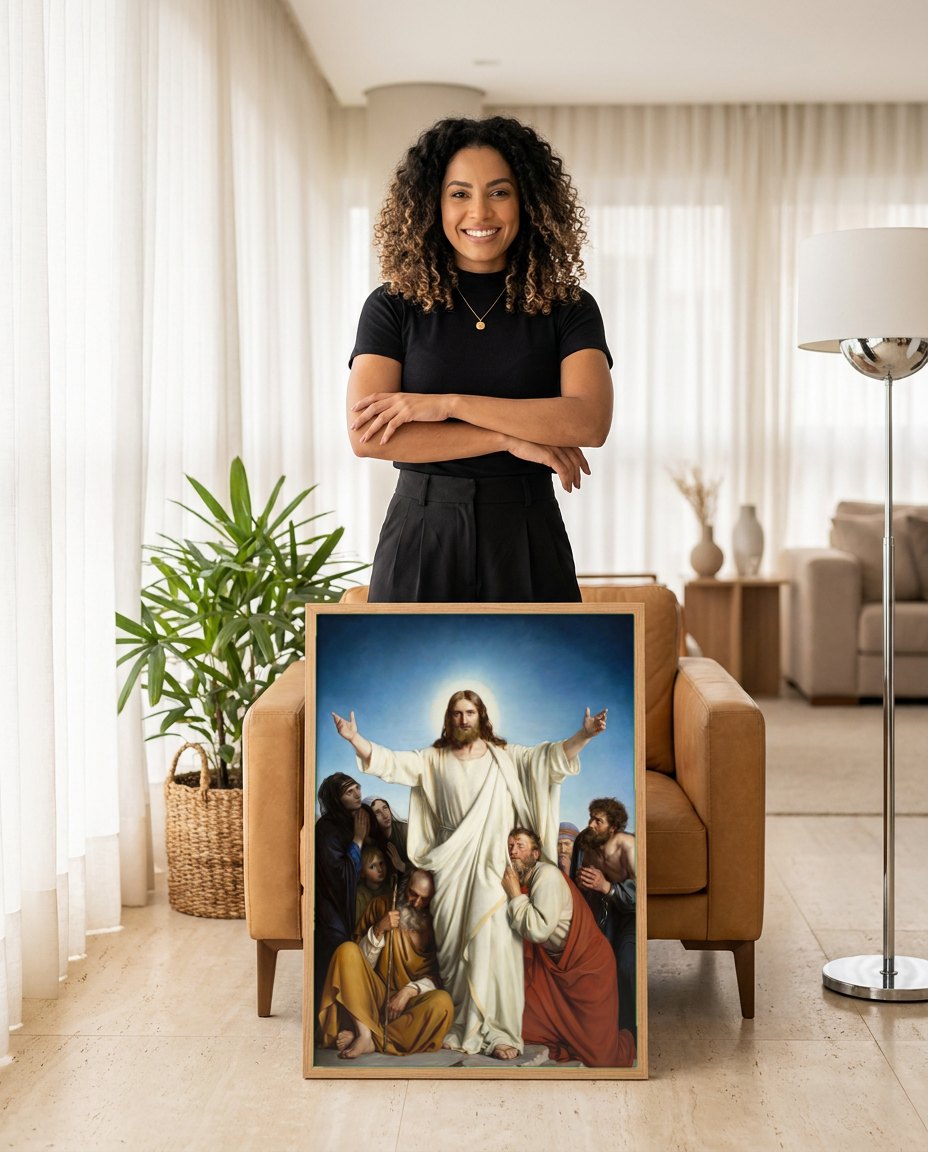 Quadro Decorativo Jesus Curando os Doentes - Carl Bloch | modelo apresentando o quadro emoldurado