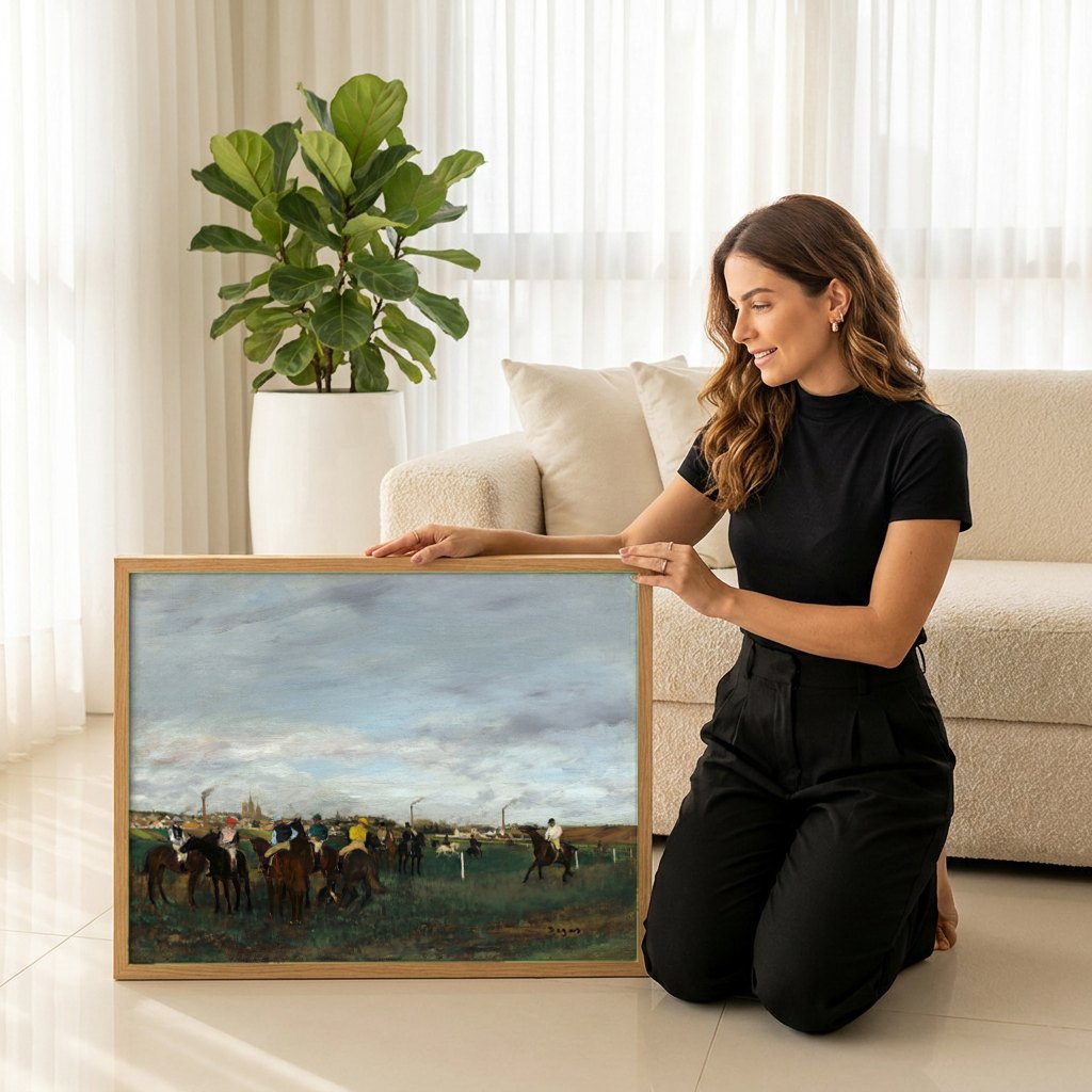 Quadro Decorativo Cavalos de Corrida Antes da Partida - Degas | modelo apresentando o quadro emoldurado