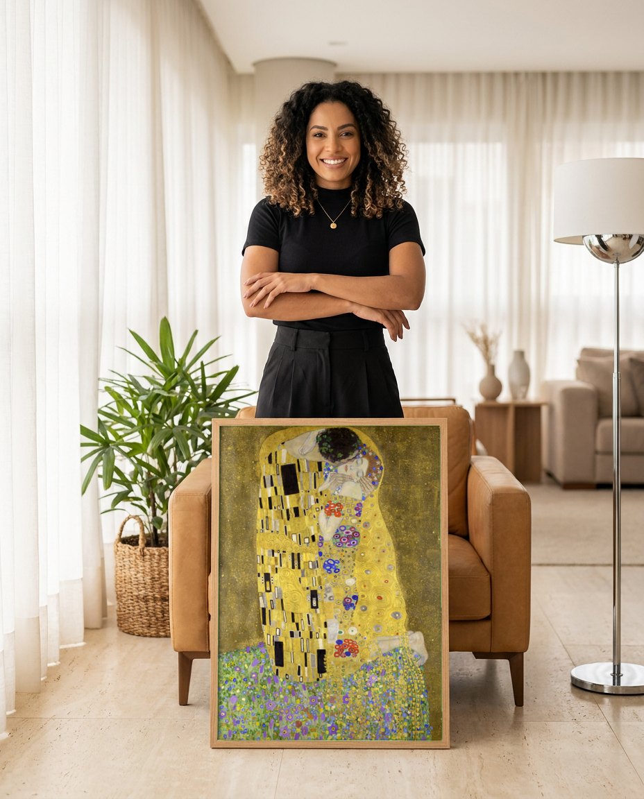 Quadro Decorativo O Beijo - Gustav Klimt | modelo apresentando o quadro emoldurado