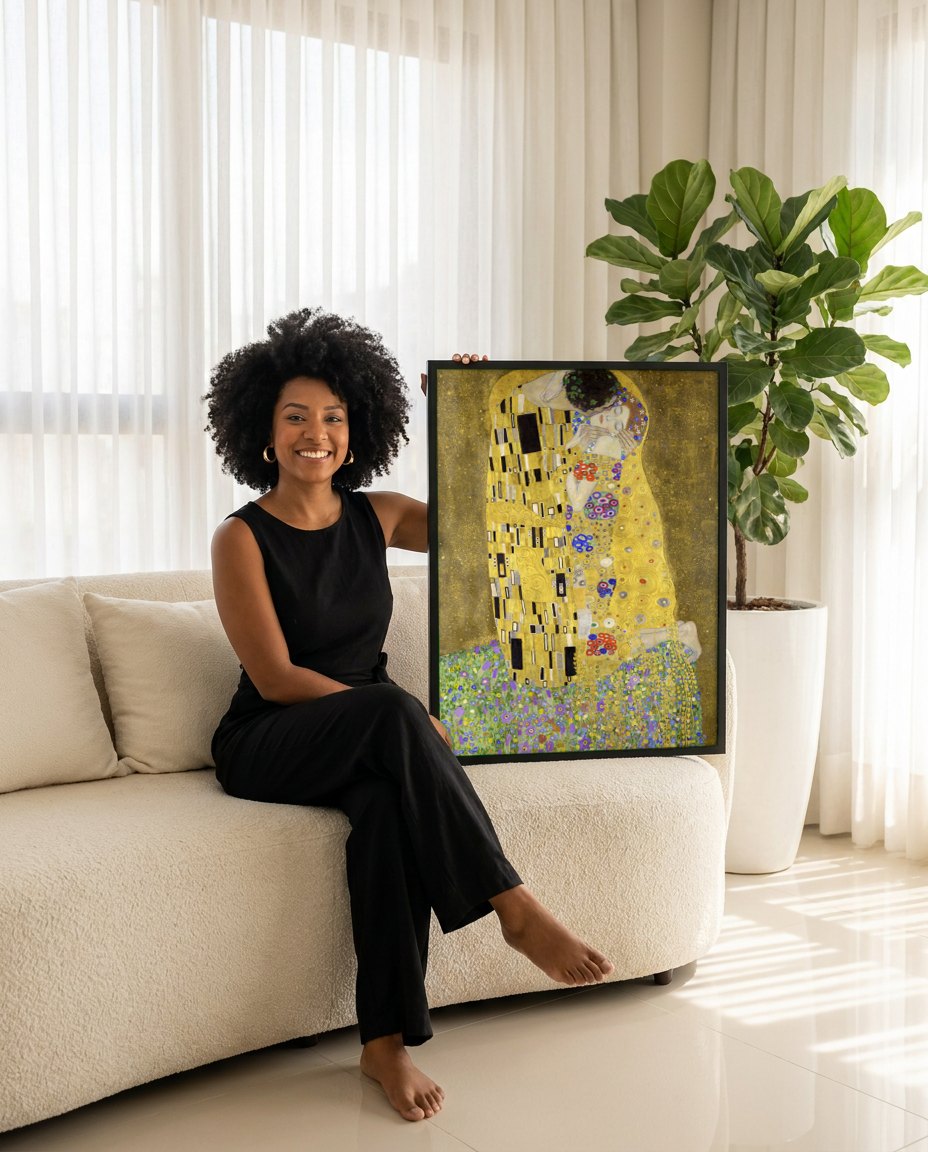 Quadro Decorativo O Beijo - Gustav Klimt | modelo apresentando o quadro emoldurado