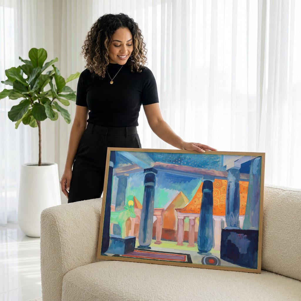 Quadro Decorativo Templo de Luxor - Robert Delaunay | modelo apresentando o quadro emoldurado