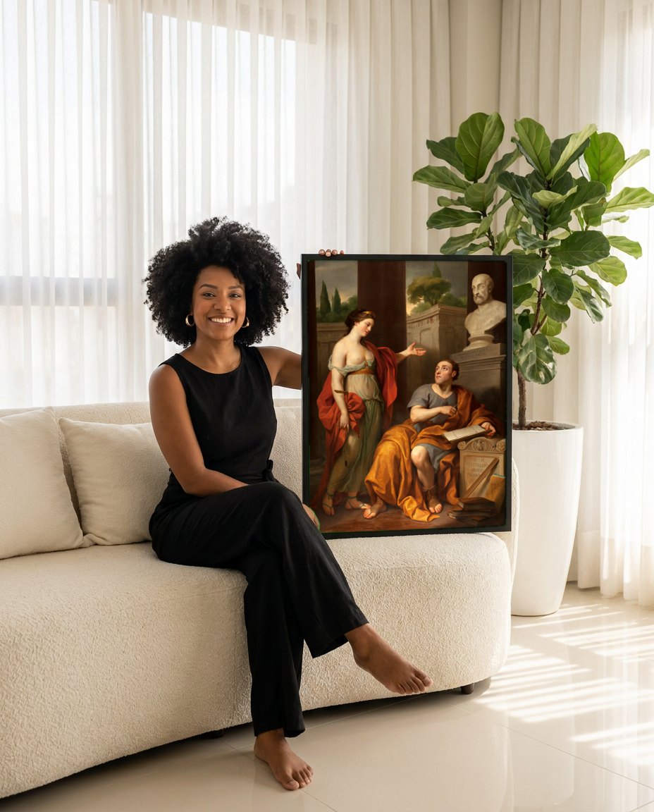 Quadro Decorativo Apolo e Musa da Arquitetura - Mengs | modelo apresentando o quadro emoldurado