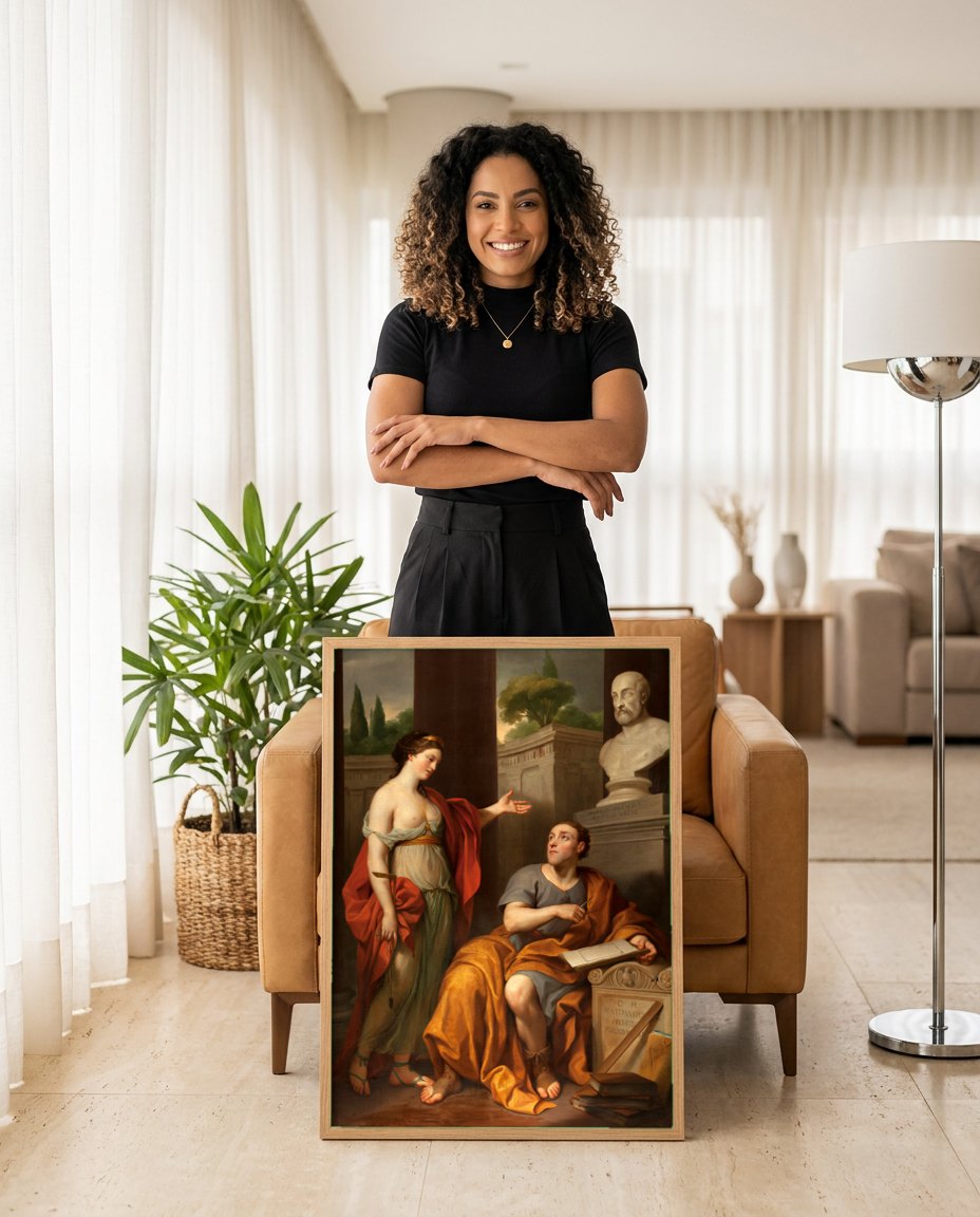 Quadro Decorativo Apolo e Musa da Arquitetura - Mengs | modelo apresentando o quadro emoldurado
