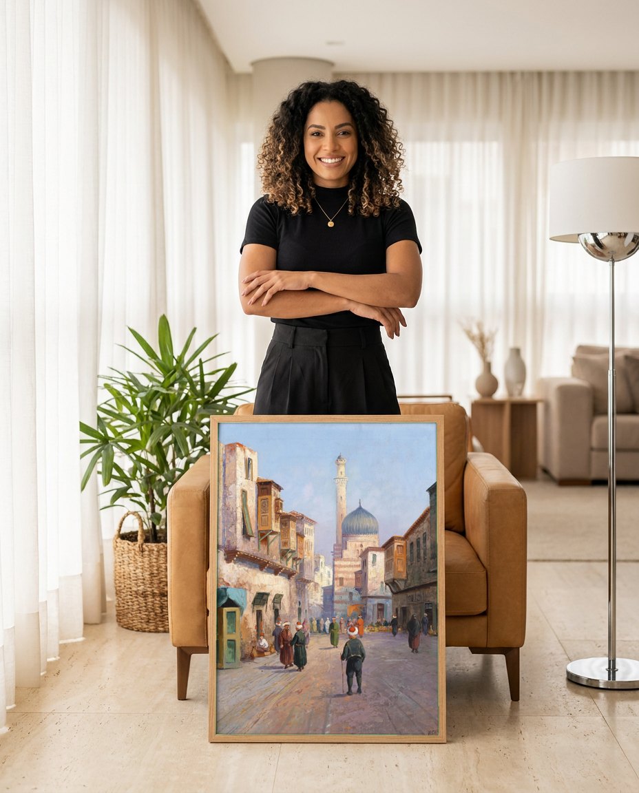 Quadro Decorativo Cena de Mercado Oriental - Karl Kaufmann | modelo apresentando o quadro emoldurado