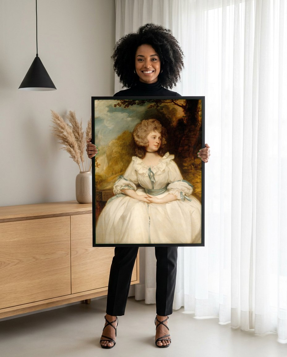 Quadro Decorativo Retrato de Lady Hamilton - George Romney | modelo apresentando o quadro emoldurado
