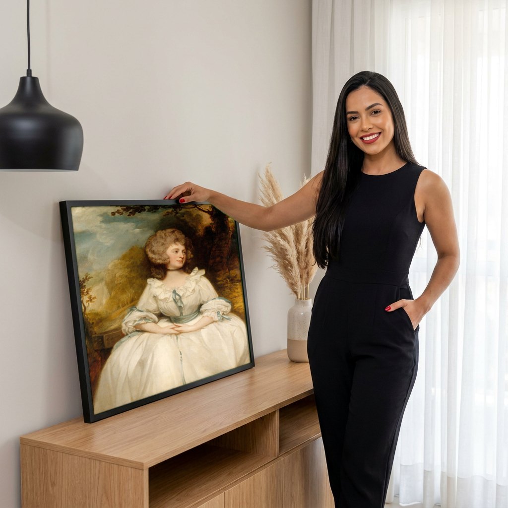 Quadro Decorativo Retrato de Lady Hamilton - George Romney | modelo apresentando o quadro emoldurado