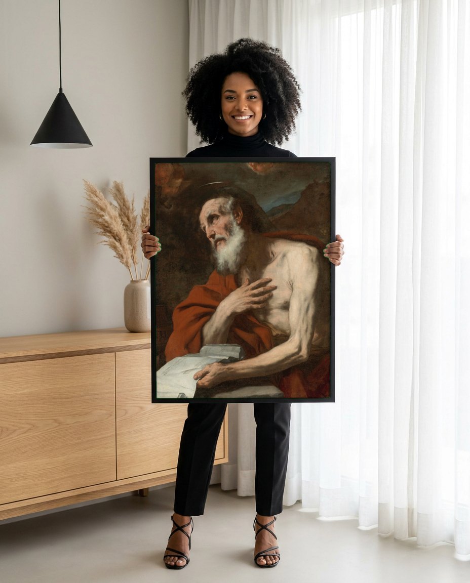 Quadro Decorativo 'São Jerônimo no Deserto' - Luca Giordano | modelo apresentando o quadro emoldurado