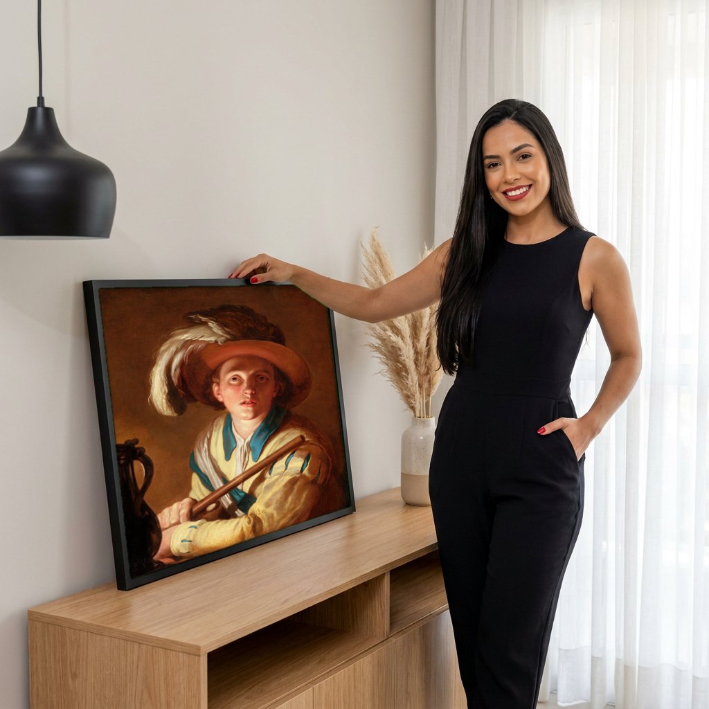 Quadro Decorativo Jovem Tocador de Flauta - Abraham Bloemaert | modelo apresentando o quadro emoldurado