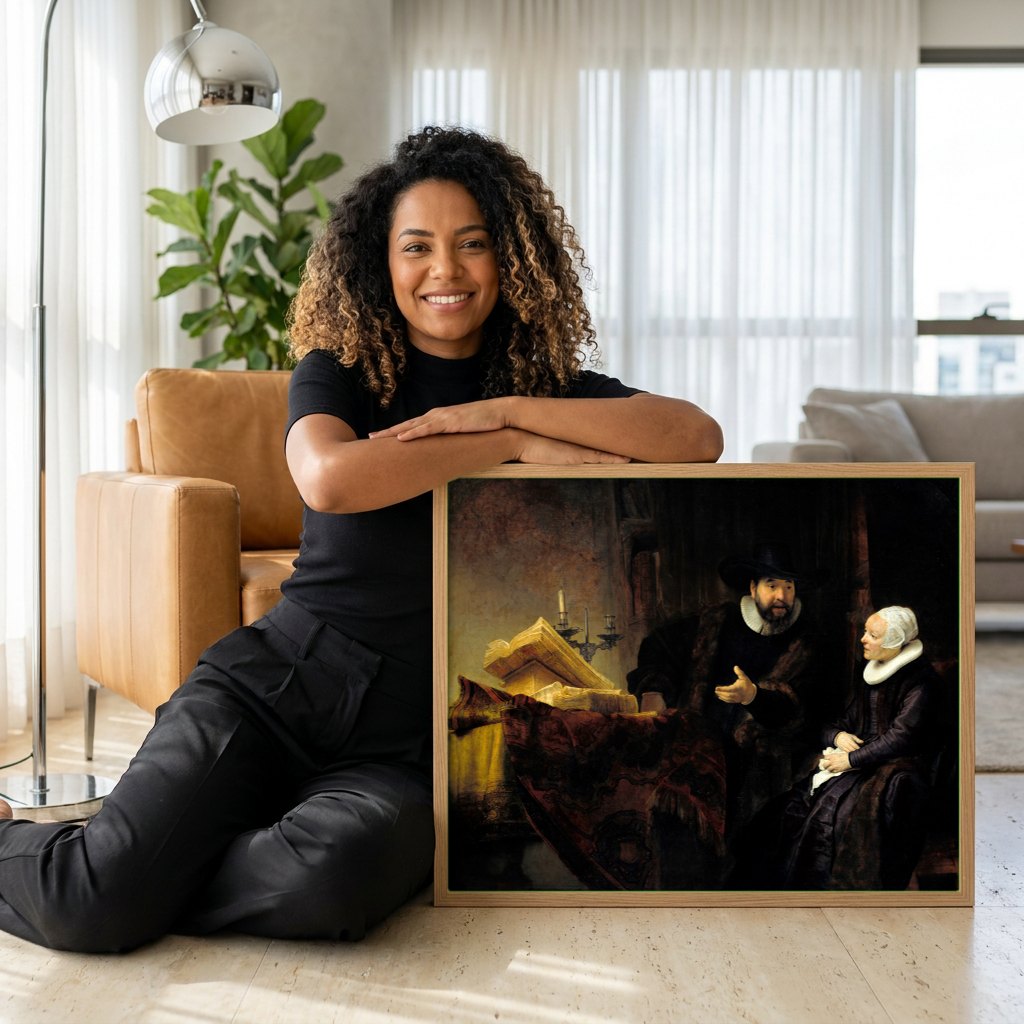 Quadro Decorativo A Conversa - Rembrandt | modelo apresentando o quadro emoldurado