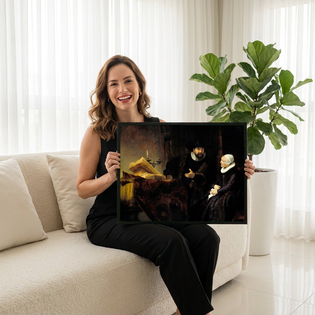 Quadro Decorativo A Conversa - Rembrandt | modelo apresentando o quadro emoldurado