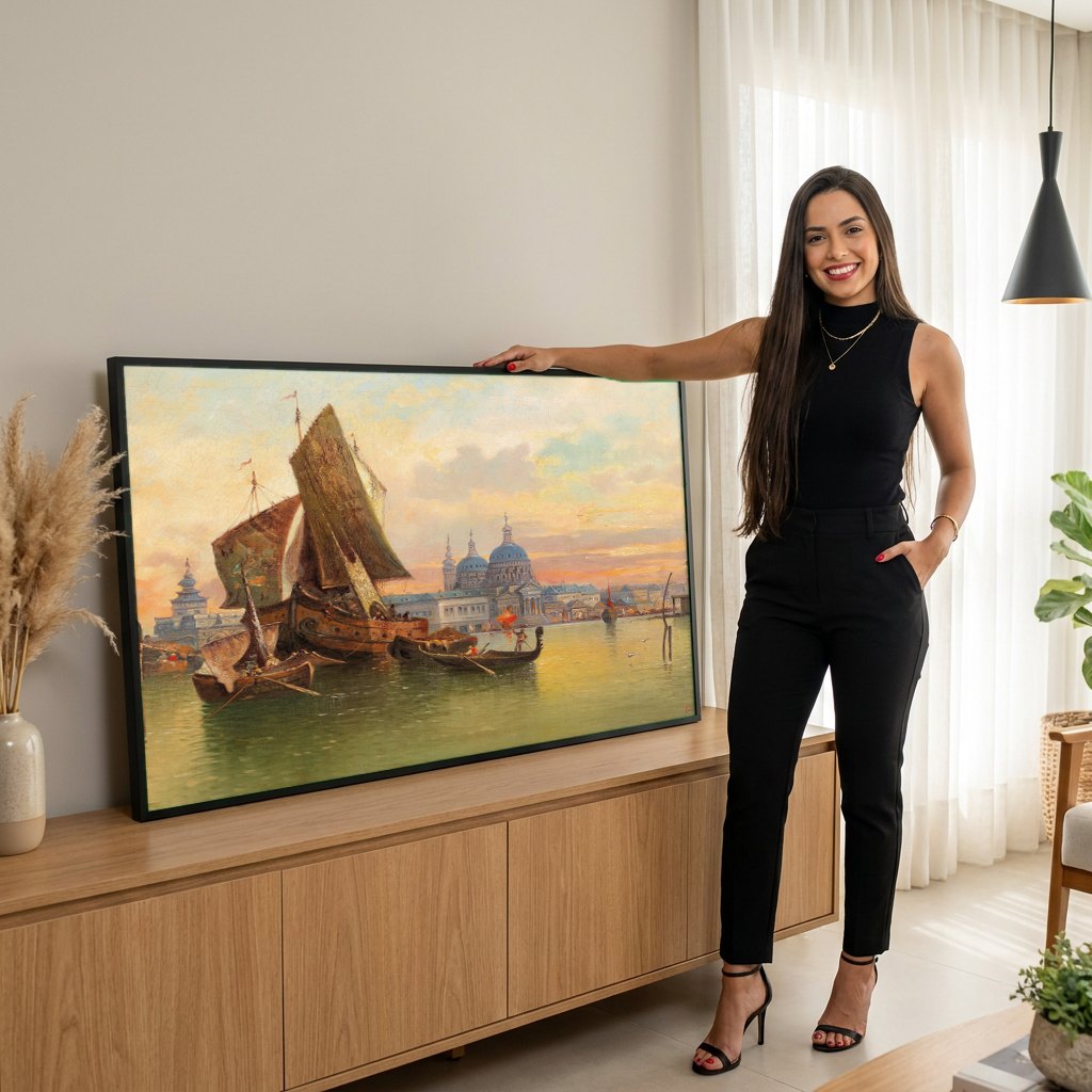 Quadro Decorativo Porto de Veneza ao Entardecer - Karl Kaufmann | modelo apresentando o quadro emoldurado