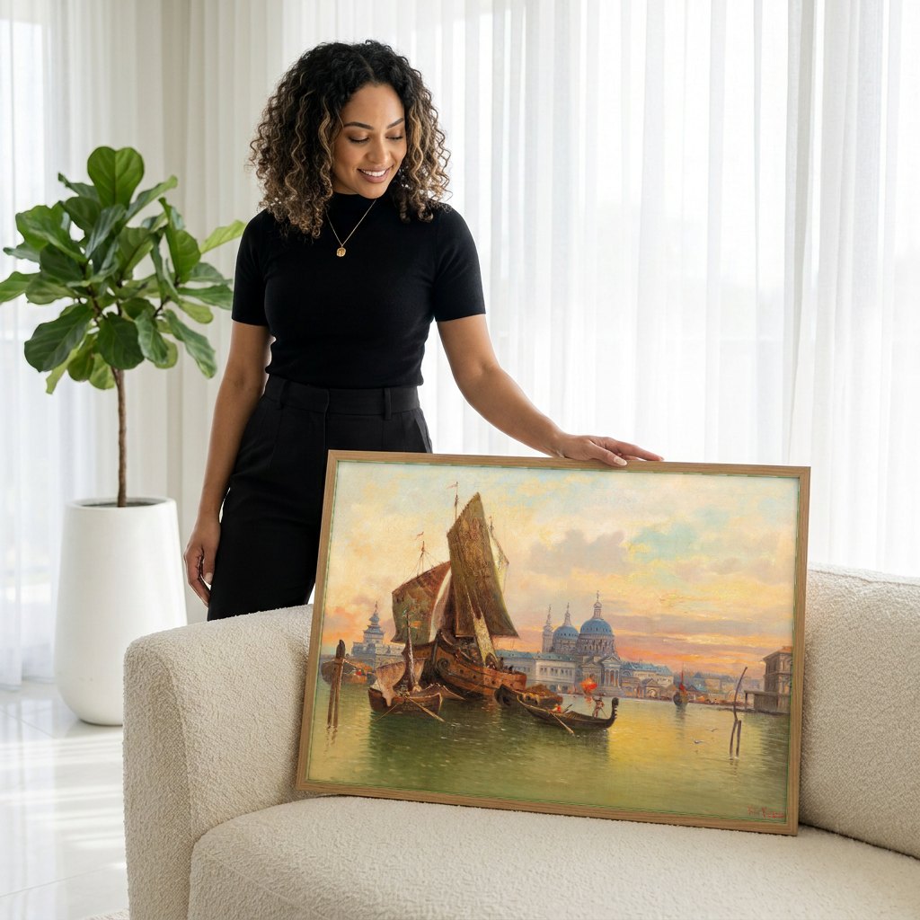 Quadro Decorativo Porto de Veneza ao Entardecer - Karl Kaufmann | modelo apresentando o quadro emoldurado