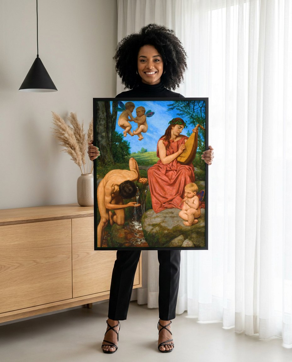 Quadro Decorativo A Fonte da Vida - Hans Thoma | modelo apresentando o quadro emoldurado