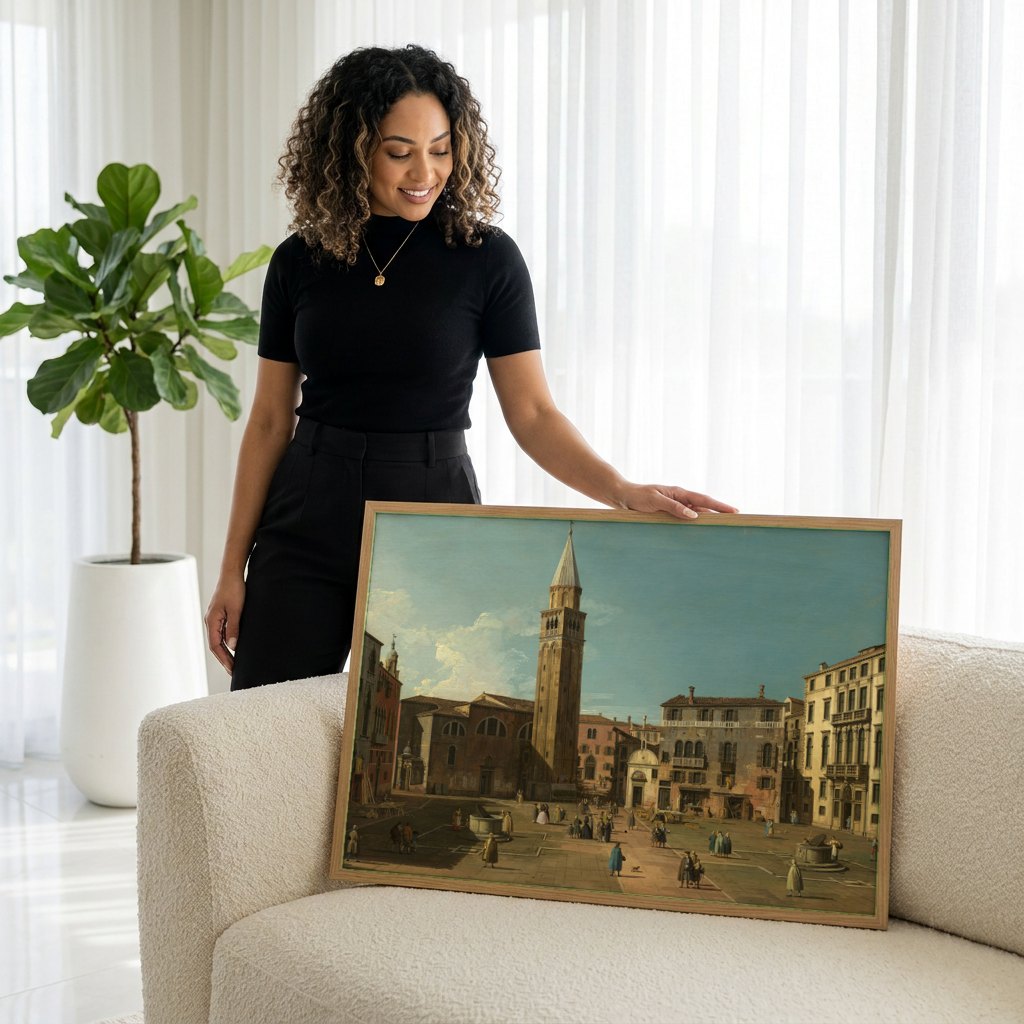 Quadro Decorativo Campo San Vidal e Santa Maria da Caridade - Canaletto | modelo apresentando o quadro emoldurado