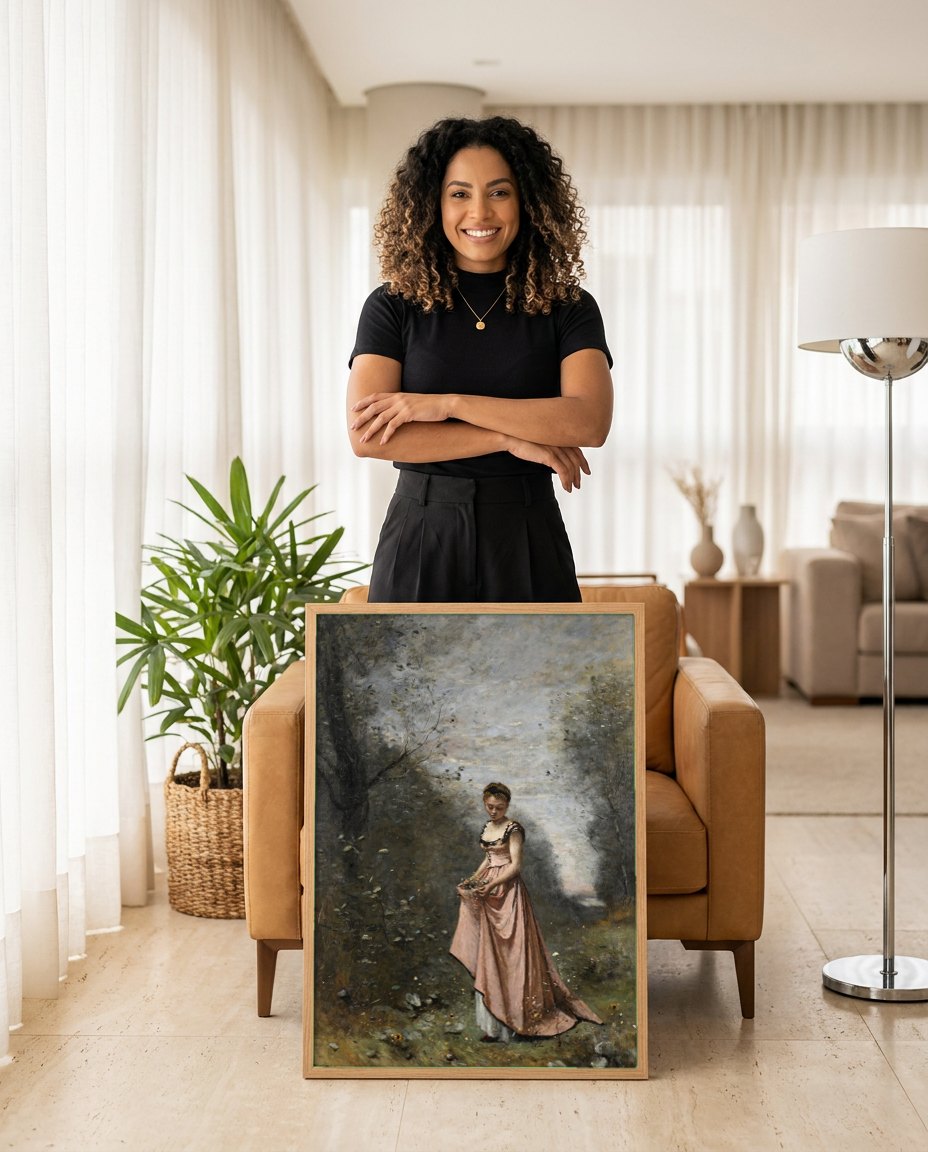 Quadro Decorativo A Jovem de Rosa - Corot | modelo apresentando o quadro emoldurado