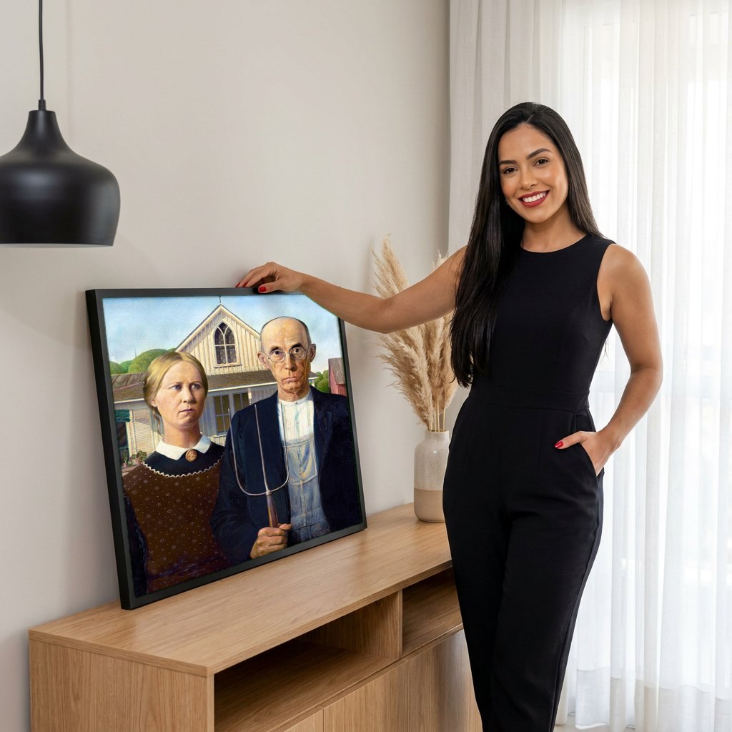 Quadro Decorativo American Gothic - Grant Wood | modelo apresentando o quadro emoldurado
